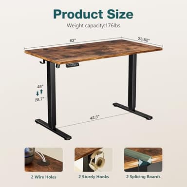 SMUG Electric Standing Desk, 63 x 24 Inch, Modern Style, Adjustable Height, 154 lbs Capacity, with Memory Presets, for Home Office, Rustic Brown - Image 3