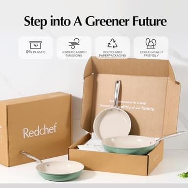 Redchef Non Stick Ceramic Frying Pan Set, Non Toxic Ceramic Pans for Cooking, 8" 9.5" 11" Skillet Set, No PFAS & PTFE & PFOA with Stainless Steel Handle, Dishwasher & Oven Safe Max up to 842°F (Green) - Image 6
