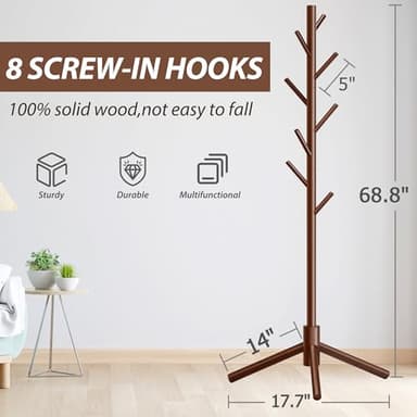 Unisakey Durable Wooden Coat Rack, Freestanding Coat Rack with Stable Triangular Base, 8 Hooks & 3 Adjustable Heights, Simple Assembly for Bedroom, Hallway, Office(New Brown) - Image 4