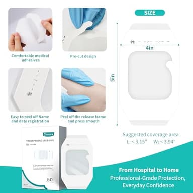 Dimora Transparent Film Dressing 50 Packs, Waterproof Adhesive Clear Bandages 4 in x 5 in, Wound Cover for IV Shield, Tattoo Aftercare Bandage,Clear Bandage Tape for Wound Care - Image 2