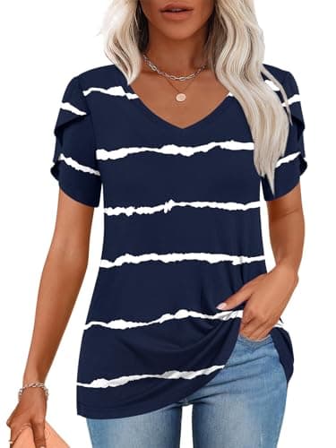 CATHY Womens Tops Summer Casual Short Sleeve V-Neck Blouses Tunic for Leggings 2025 Navy Blue Stripe Large - Image 1