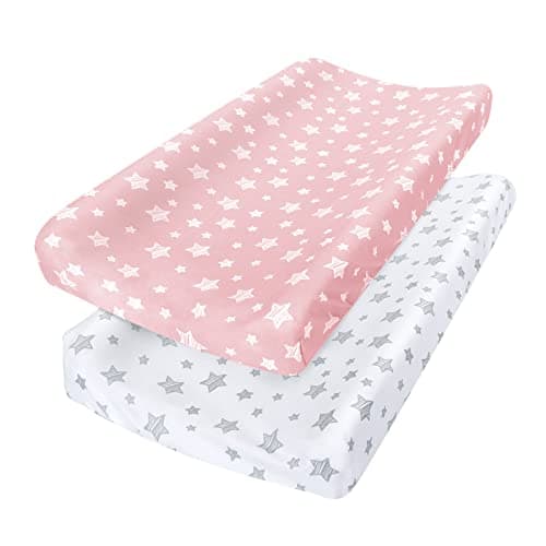 Changing Pad Cover for Girls 2 Pack, Lovely Print Soft Unisex Diaper Change Table Sheets, Fit 32"x16" Contoured Pad, Comfy Cozy 2-Pack Cradle Sheets, Pink&White - Image 1