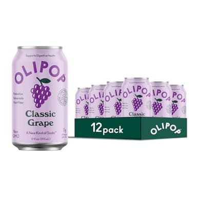OLIPOP Prebiotic Soda Pop, Classic Grape, Pantry Pack Packed with Prebiotics, Fiber, and Botanicals, Gluten Free, Vegan, GMO Free, 12oz (12-Cans) - Image 1