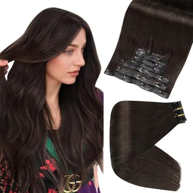 Full Shine Human Hair Clip in Extensions Dark Brown 24 Inch Seamless Clip in Hair Extension Real Human Hair Straight PU Invisible Hair Extensions Human Hair Full Head 8 Pcs 120 Grams - Image 1