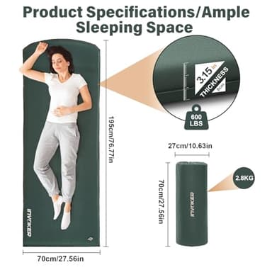 3.15" Self Inflating Camping Sleeping Pad, Ultra-Thick Elasticity Foam Fast Inflating 4-Season Insulated Durable Camping Mat Air Mattress with Pillow, for Tent, Car, Camping, Traveling, Green - Image 3
