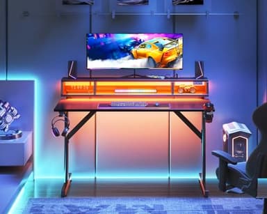 MOTPK 40 inch Gaming Desk with LED Lights & Power Outlets, Small Computer Gaming Table with Float Monitor Stand, Kids Boys Desk with Carbon Fiber Texture - Image 2