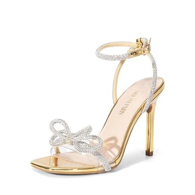 DREAM PAIRS Women's Double Bowknots Crystal Sandals Clear Slingback Heels Square Toe Shoes for Party Wedding Brielle,Size 8,Gold-Pat,SDHS2389W - Image 1
