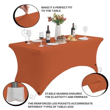 Heochy 2 Pack 6FT Table Cloth for Rectangle Tables - Stretch Burnt Orange Tablecloth Rectangular Fitted Spandex Table Covers 6 ft for Birthday, Cocktail, Wedding, Banquet Outdoor Party - Image 4