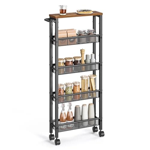 VASAGLE Slim Rolling Cart, 5-Tier Storage Cart, Narrow Carts with Handle, 5.1 Inches Deep, Metal Frame, for Kitchen, Dining Room, Living Room, Home Office, Rustic Brown and Classic Black ULRC034B01 - Image 1