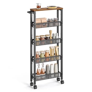 VASAGLE Slim Rolling Cart, 5-Tier Storage Cart, Narrow Carts with Handle, 5.1 Inches Deep, Metal Frame, for Kitchen, Dining Room, Living Room, Home Office, Rustic Brown and Classic Black ULRC034B01 - Image 1