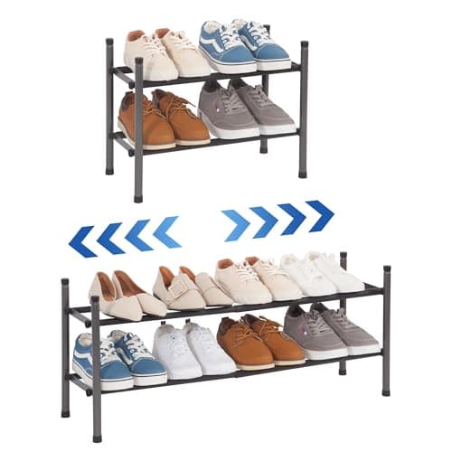 STORAGE MANIAC Expandable Shoe Rack, 8 Pairs Stackable Small Shoe Rack, Metal Adjustable Shoes Organizer for Closet, Entryway, Hallway, Garage, Front Door, Shoes Shelves, Black 2 Tier - Image 1