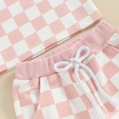 FOCUSNORM Toddler Baby Girl Outfit Newborn Girl Summer Clothes Short Sleeve T Shirt Checkerboard Top Set Elastic Waist Shorts (Checkerboard Pink, 18-24 Months) - Image 7