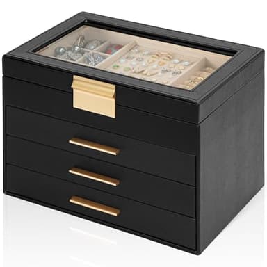 AKOZLIN 4-Tier Jewelry Box with Clear Glass Lid Functional Leather Jewelry Storage Organizer Case 3 Drawers for Women Girls Necklace Ring Bracelet Earring Black - Image 7