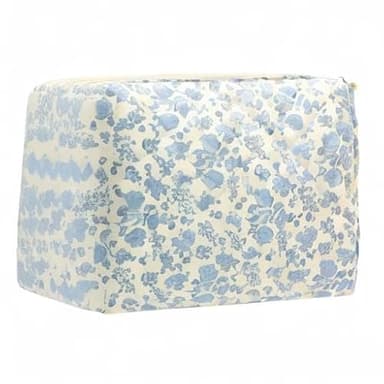 PAZIMIIK Quilted Makeup Bag Large Travel Zipper Soft Cosmetic Pouch for Women Girls Make Up,Little Flower Blue - Image 6