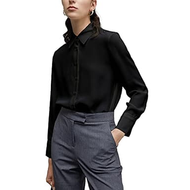 YAMANMAN Women's Button Down Shirt Classic Long Sleeve Collared Tops Work Office Chiffon Blouse Black - Image 2