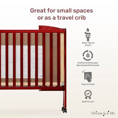 Dream On Me Full-Size 2-in-1 Folding Baby Crib in Cherry GreenGuard Gold & JPMA, Portable, Patented Quick Folding System, Strong Wheels, 2 Adjustable Mattress Heights - Image 5