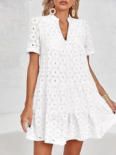 Imily Bela Womens Summer Eyelet Dresses Babydoll Flowy Short Sleeve V Neck Lace Tunic Swing Casual Dress White - Image 2