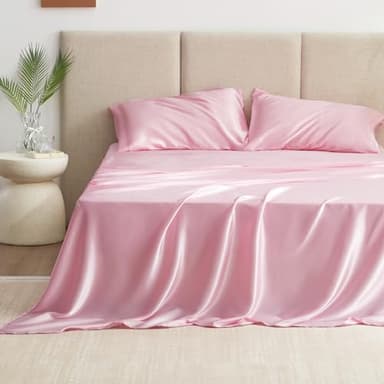 Love's cabin Satin Queen Sheets Set - 4 Piece Pink Silky Bed Sheets Set with Deep Pocket, Luxury Silk Feel Satin Queen Size Sheet Set (1 Flat Sheet,1 Fitted Sheet,2 Pillow Cases) - Image 2