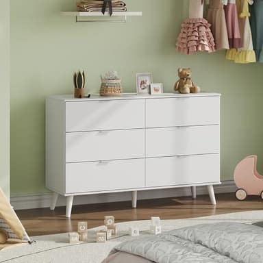WLIVE 6 Drawer Dresser for Bedroom, 47.24'' Wide Wood White Dresser, Storage Organizer with Sturdy Metal Handle, TV Stand for 55 inch TV, Chest of Drawers for Living Room, Hallway, Closet - Image 2