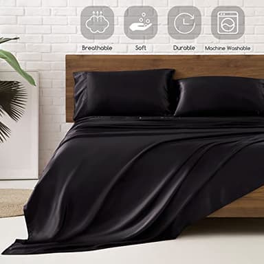 MR&HM Satin Sheets Full Size with Elastic Corner Straps, 4-Piece Silky Bedding Set, Deep Pocket 15 Inches, Good for Hair & Skin (Full, Black) - Image 6