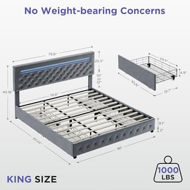 BedsPick King Size Bed Frame with LED Lights, Velvet Upholstered Platform King Bed Frame with 2 Storage Drawers and Adjustable Headboard, No Box Spring Needed King Bedframe (Light Grey, King) - Image 2