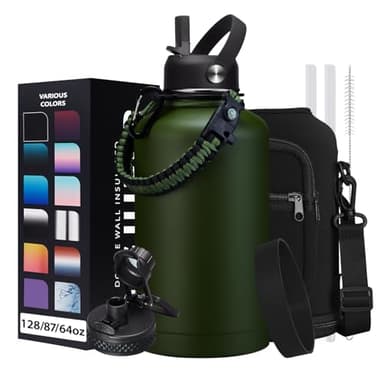 64oz Insulated Water Bottle with Straw & Auto Spout Lid - (Cold 48H & Hot 24H) Half Gallon Stainless Steel Water Jug with Paracord Handle, Metal Tactical Military Water Flask with Carrier Strap Bag - Image 1