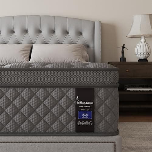 VISCOUNTESS Queen Mattress, 12 Inch Hybrid Mattresses Grey, Euro Top Medium Firm for Back & Lumbar Support, 100 Night Trial, Individual Pocket Spring for Motion Isolation & Pressure Relief - Image 1