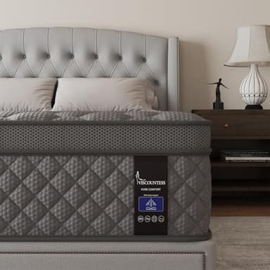 VISCOUNTESS Queen Mattress, 12 Inch Hybrid Mattresses Grey, Euro Top Medium Firm for Back & Lumbar Support, 100 Night Trial, Individual Pocket Spring for Motion Isolation & Pressure Relief - Image 1