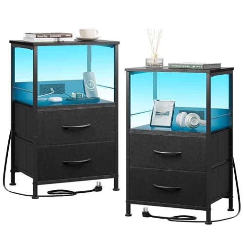 WLIVE Night Stand Set of 2 with Charger Station, Black Nightstand Sets with 2 Fabric Drawers and Storage Shelf, LED Bedside Table, Bedroom Small End Tables with 3 USB Ports and 2 AC Outlets - Image 1