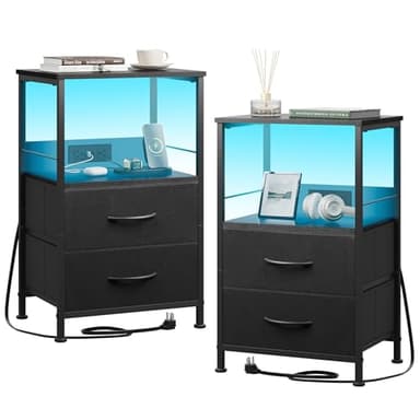 WLIVE Night Stand Set of 2 with Charger Station, Black Nightstand Sets with 2 Fabric Drawers and Storage Shelf, LED Bedside Table, Bedroom Small End Tables with 3 USB Ports and 2 AC Outlets - Image 1
