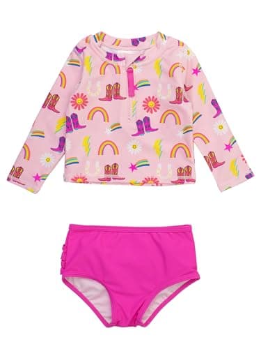 RuffleButts Baby/Toddler Girls Long Sleeve Rash Guard 2 Piece Swimsuit Set w/UPF 50+ Sun Protection with Zipper - Cowgirl Cutie, 2T - Image 1
