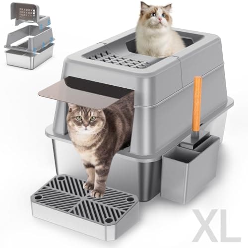 Stainless Steel Litter Box with Lid, XL Extra Large Enclosed Cat Litter Box Fits All Cats Modular Design with Flip Cover, Top Entry Metal High Sided Cat Box & Pedal & Scoop, Anti-Leakage (Grey) - Image 1