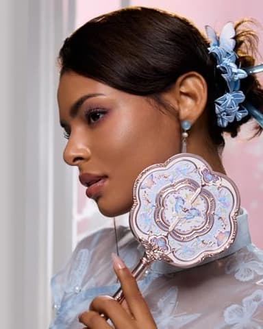 Flower Knows Butterfly Cloud Collar Hand Mirror,Vintage Chinese Round Fan Design,Fancy & Pretty Princess Handheld Mirror with Long Handle,Gift for Girls & Women(Floral Cyan) - Image 4