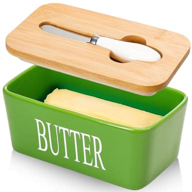 Butter Dish with Lid, Home Decor, Large Butter Dish for Countertop Ceramic Butter Keeper Container with Knife and High-Quality Silicone Sealing Butter Box Good Kitchen Gift Green - Image 1
