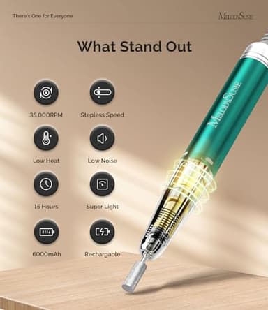 MelodySusie 35000RPM MM400C Nail Drill Professional, Rechargeable Cordless Nail File Portable Efile for Acrylic Gel Nails Remove, 8Pcs Nail Drill Bits, Low Noise Low Heat, Sparkle Plus, Green - Image 3