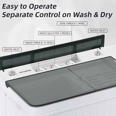 Sustainova Portable Washing Machine Twin Tub 18.7 Lbs Capacity, (14.3 Lbs) and Spinner(4.4 Lbs) Combo Compact Laundry Washer for Home, Apartment, Camping, RVs and Dorms, Black/White - Image 3