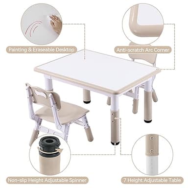 DOREROOM Kids Table and 2 Chairs Set, Height-Adjustable Toddler Table and Chair Set with Graffiti Desktop, 31.5''L x 23.6''W Children Activity Table for Daycare, Classroom, Home - Image 6