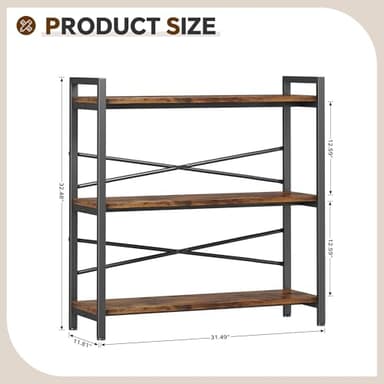 Book Shelf, 3 Tier Bookshelf 31.49" Width, Book Shelf Storage and Organization, Wooden and Metal Industrial Bookcase, Large Book Shelves for Home Living Room Bedroom Office Storage(Vintage) - Image 3