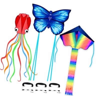 Simxkai 3 Pack Kites-Rainbow Delta Kite, Red Octopus, Blue Butterfly, Easy to Fly for Kids & Adults - Image 8