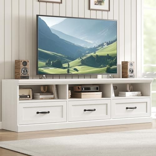 GarveeHome TV Stand for 65/70/75 Inch TV, Entertainment Center with Storage Drawer, Mid-Century Modern TV Console with Open Shelves, 70in Media TV Cabinet for Living Room, Bedroom, Antique White - Image 1