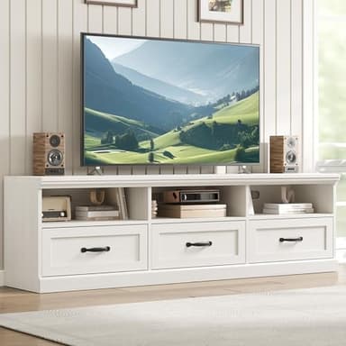 GarveeHome TV Stand for 65/70/75 Inch TV, Entertainment Center with Storage Drawer, Mid-Century Modern TV Console with Open Shelves, 70in Media TV Cabinet for Living Room, Bedroom, Antique White - Image 1