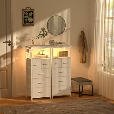 Furnulem Dresser for Bedroom, Tall Nightstand, Vertical Chest with Wood Top, Charging Station, LED Lights, 5 Fabric Bins, Bedside Table with Shelf, Furniture for Entryway (5 Drawer, White) - Image 8