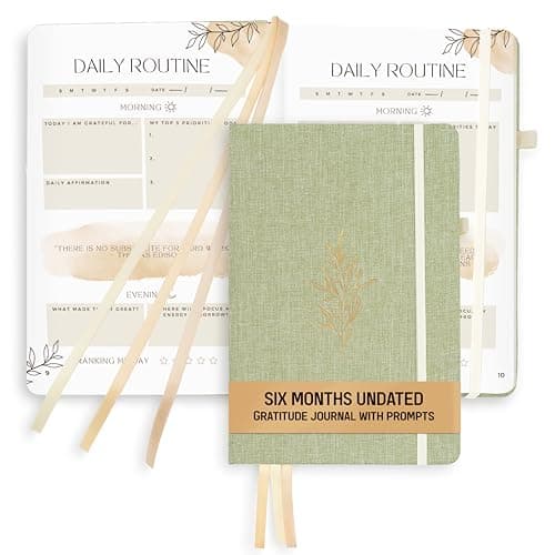 Daily Gratitude Journal for Women (5.7x8.25")- Linen Hardback Daily Women’s Journal - 6 Month Undated Guided Notebook with Prompts -Green Gratitude Diary with Prompts for Women- Personal Organizer - Image 1