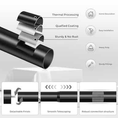 VOIIY Curtain Rods for Windows 48 to 84 Inch(4-7 Feet),Black 1'' Diameter Drapery Rods with End Cap Style Design,Modern Adjustable Heavy Duty Curtain Rod,Size:36''-88'' - Image 7