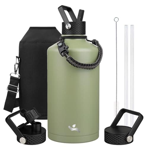 Konokyo Gallon Insulated Water Bottle with Straw,128 oz 3 Lids Water Jug with Carrying Bag,Paracord Handle, Double Wall Vacuum Stainless Steel Metal Flask,Camp Green - Image 1