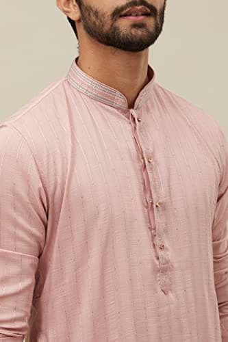 Manyavar Men Kurta Set, Full Sleeves Mandarin Collar Ethnic Kurta Pyjama Set Art Silk All Over Self Design Set 2XL CORAL - Image 3