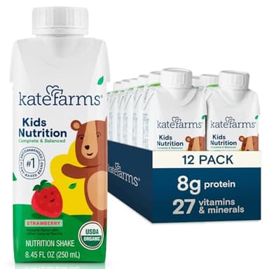 KATE FARMS Organic Kids Nutrition Strawberry Shake, 8g Protein, 27 Vitamins and Minerals, Meal Replacement, Gluten Free, Non-GMO, 8.45 oz (12 Pack) - Image 1
