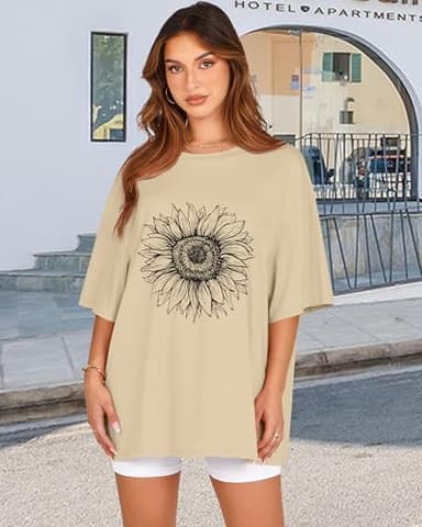 Womens Oversized Tshirt Graphic Tees Crew Neck Summer Short Sleeve Loose Fit Tops (A-Sunflower Print Khaki, L) - Image 5