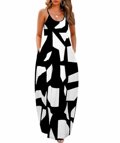 Wolddress Womens 2025 Casual Sleeveless Sundress Plus Size Loose Plain Long Summer Beach Maxi Dress with Pockets White Block L - Image 1