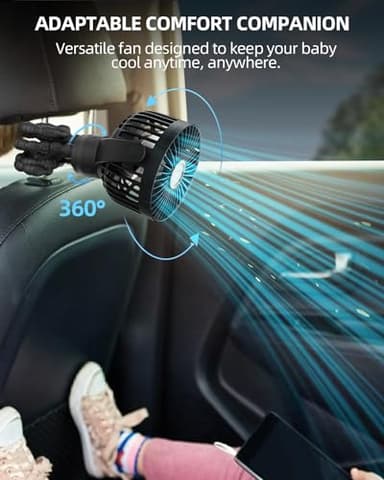 Portable Stroller Mini Fan, Small Rechargeable Personal Fan, Baby Travel Essentials for Wagon, Car Seat, Treadmill, Battery Powered Biking Gear Accessories, 360° Rotation, 3-Speed, Display, Black - Image 5